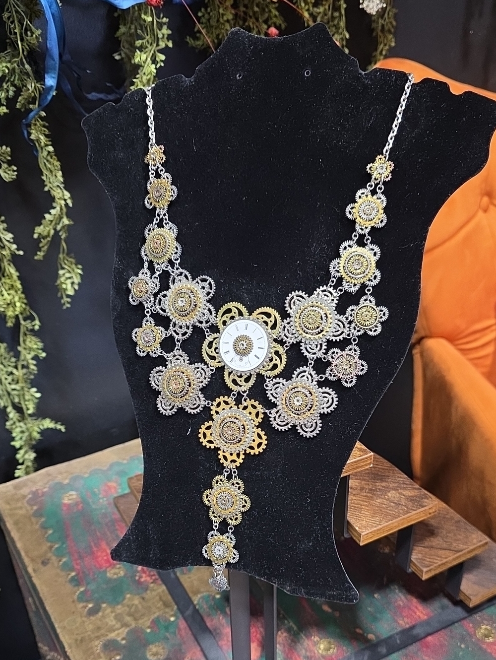 Artisan Gold and Silver Filigree Statement Necklace with Clock Motif